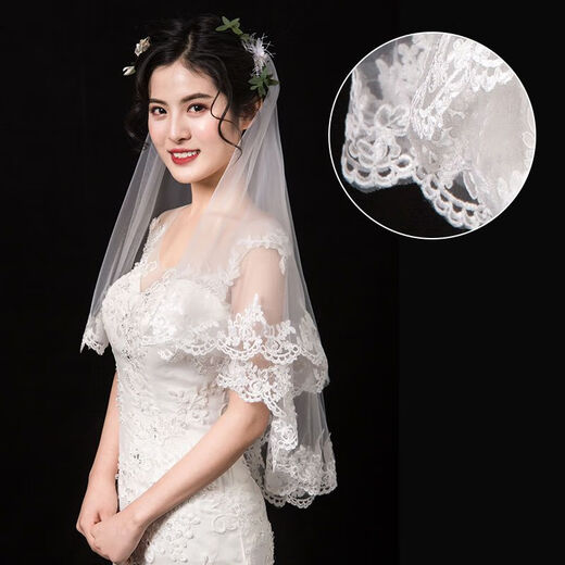 山头林村头纱领证珍珠头纱新娘主婚纱头饰超仙森系结婚盖头珍珠短款小道具 蕾丝花边1.4米左右
