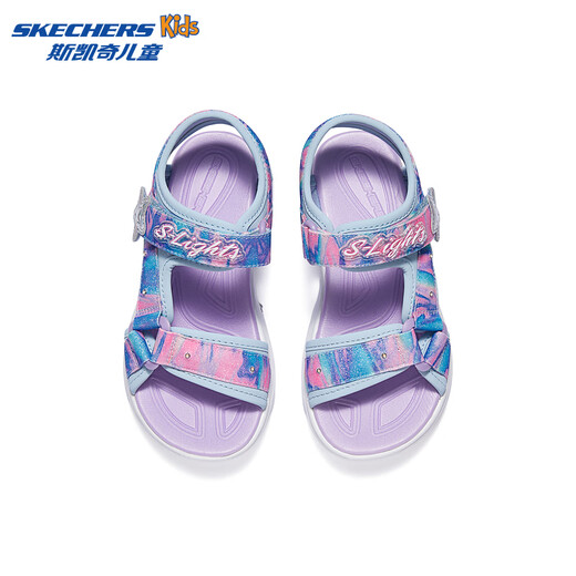 Skechers new summer girls' Velcro sandals, fashionable flashing light, casual, lightweight, versatile and comfortable shoes, beach shoes, light blue/multi-color/LBMT 33.5
