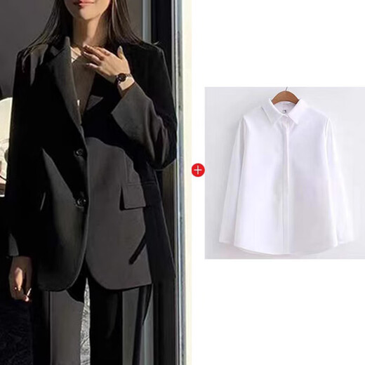 FANAOGE suit suit female college civil servant interview and defense professional wear shoulder pad suit jacket loose formal work clothes black spring and autumn style (suit jacket + white shirt + trousers) three-piece suit with shoulder pads