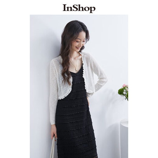 Inshop [mismo estilo en el centro comercial] Nuevo suéter de textura suave y ligeramente translúcido para mujeres con delicada cárdigan delgada en blanco M