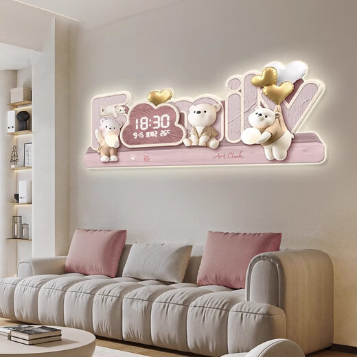 Clock painting cartoon cream style living room decoration painting with clock plug-in digital wall clock children's room bedroom creative LED light painting WY738 [Lightless power bank model] 47 inches [120*48cm]
