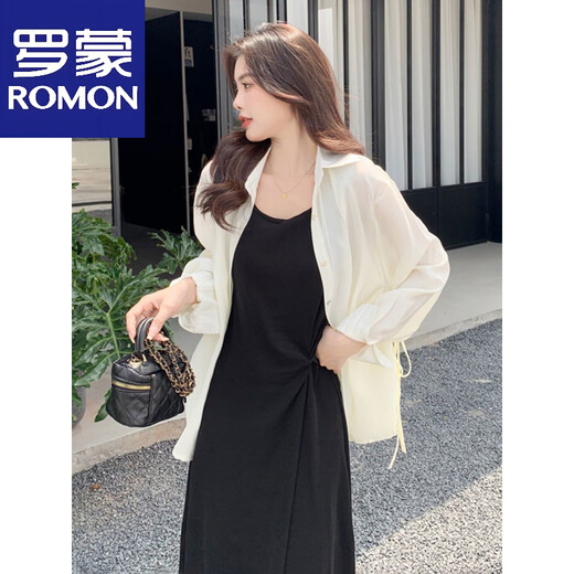 罗蒙（ROMON）小众简约夏装设计感遮肚衬衫防晒外套加背心裙两件套中长款连衣裙 米杏色衬衫+黑色裙子【两件套】 M 80-100斤