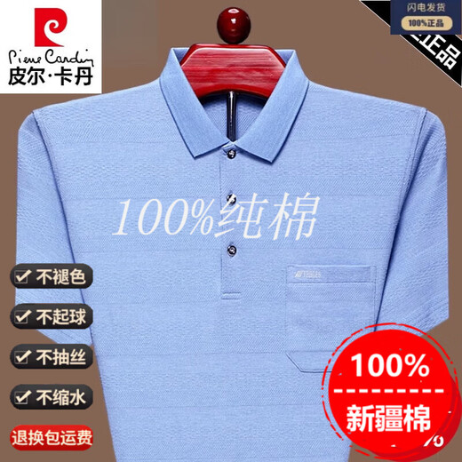 皮尔卡丹短袖t恤男纯棉爸爸夏装POLO衫夏装真口袋中年宽松翻领半袖上衣 短袖9906兰色 M 165建议120斤以内