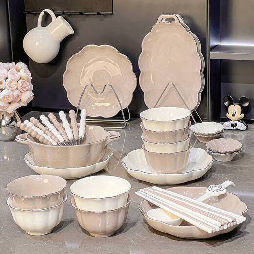 ZNMW感碗碟装家用陶瓷盘子餐具碗盘轻奢米饭碗碗具 描金款4-6人食礼盒装1355