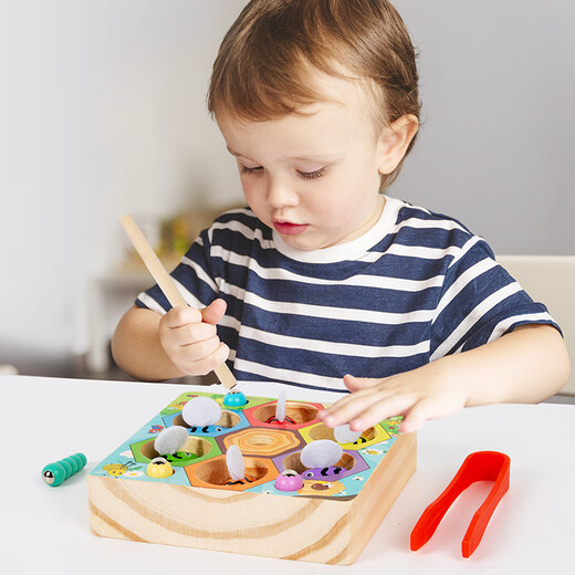 SANGTY children's fishing magnetic toys early education games intelligence boys and girls magnetic set three-dimensional fish box wooden honeycomb insect catching game (solid wood thickness)