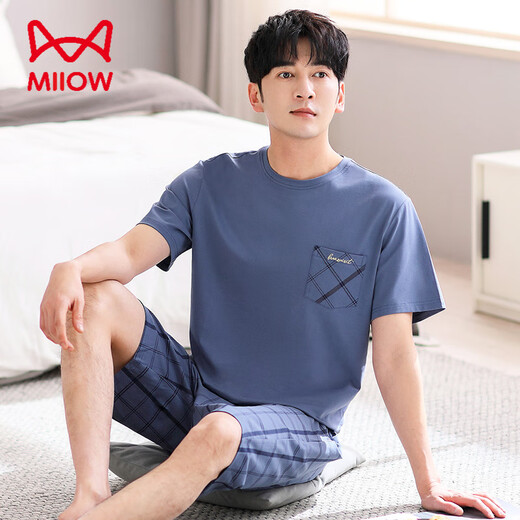 Catman Miiow Pajamas para hombres Algodón puro algodón puro 2025 Juego de ropa para el hogar de un papá de verano de algodón de verano de algodón de verano nuevo de gran tamaño LJF6621 Color de plumas negras [tela suave y amigable para la piel] 3xl [Peso sugerido 180-200 Jin [Jin equivale a 0.5 kg]]]