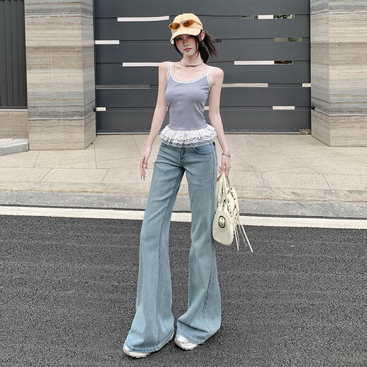 Light Color American Low Wisting Micro-Flare Jeans para mujeres en primavera y verano 2025 Nuevos pantalones de herradura sueltos y largos Pantalones azules Size S Tamaño de 89-98 Jin [Jin equivale a 0.5 kg]