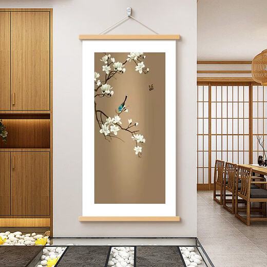 完壮新中式月下玄关装饰画宋代美学竹子挂画中古风茶室书房背景墙壁画 12353月下A 宽30CM*高60CM x 红花梨木挂轴+高清油画