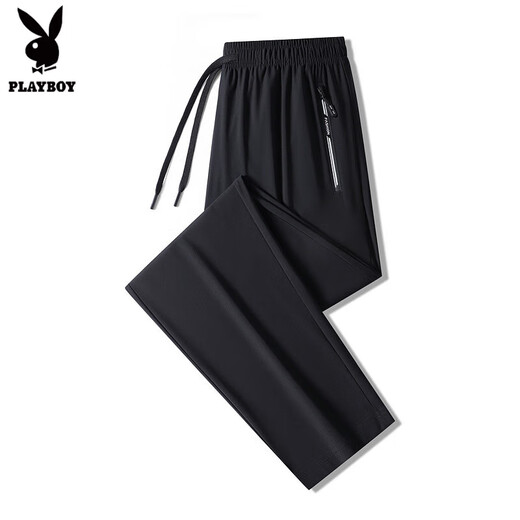Playboy Ice Seidenhose 2025 Neue Männereis-Seidenhose Sommer hohe elastische dünne, atmungsaktive Klimaanlagen Casual Hosen Männer und Frauen 9888 flacher Mundschwarz L 110-125jin [Jin gleich 0,5 kg]