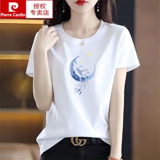 Pierre cardin pure cotton hiding blue high-end short-sleeved T-shirt for women loose round neck fashionable age-reducing T-shirt summer 2025 new top 6161 navy blue + 6172 leather powder M (recommended 80-105 Jin [Jin equals 0.5 kg])