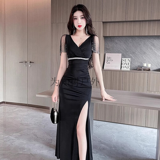 为知树夜总会性感深V礼服包臀连衣裙SPA足浴洗浴技师夜场KTV佳丽工作服 增3882黑色+ XL 建议115-125斤