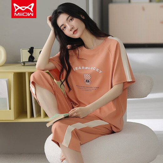 
Cat Man (MiiOW) pure cotton pajamas for women in summer short-sleeved cropped pants sports style loose and casual can be worn outside spring home clothing suit T-9854 (short suit) M (80-100Jin [Jin equals 0.5 kg])