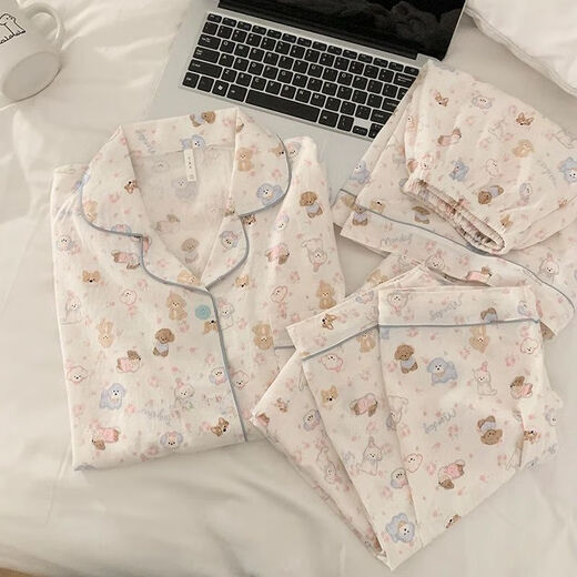 Jingpufei cartoon puppy pajamas for women in summer thin cotton silk home clothes three-piece set Yunduo Cotton-9906# Star puppy three-piece set M [Suggestion 75-100Jin [Jin equals 0.5 kg]]