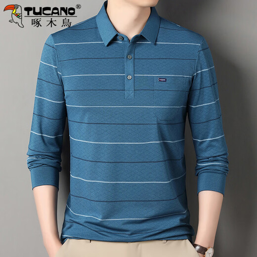 
Woodpecker striped long-sleeved T-shirt for men in spring and autumn new casual middle-aged and elderly daddy lapel pocket base middle-aged top SY-CX-6627 green thin XL 175/135-155Jin[Jin equals 0.5 kg]
