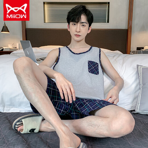 Catman Miiow Pajamas Мужской летний жилет без рукавов Чистый хлопок Тонкий стиль для молодых средних мужчин с короткими рукавами плюс размер 9928 XL Men (рекомендуется 130-150Jin [Jin равняется 0,5 кг])