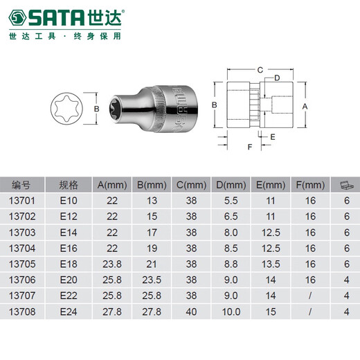 SATA世达世达大飞花形套筒E型12.5mm套头工具梅花外六角星形异形套管头 13701/E10