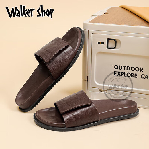 Walker Shop凉鞋男2025年新款男士拖鞋外穿防滑凉拖夏季真皮透气一字拖鞋潮 黑色 41