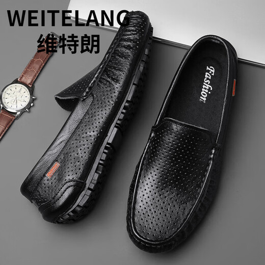 Weitelang Victory Summer Herrenschuhe Hohlbohnenschuhe Herren atmungsablöschbarer Sohle lässige Lederschuhe Ein-Fuß-Loaf-Schuhe 9901a-Black 38