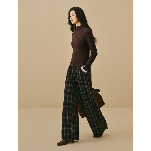 Inman 2025 autumn and winter women's new style simple half-high collar lace brushed pit strip T-shirt long-sleeved bottoming shirt top dark coffee M