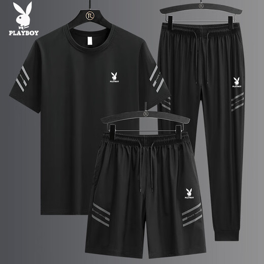 Playboy (PLAYBOY) high-end casual sports suit men's summer ice silk thin loose fast drying breathable short sleeve two-three piece set GF1389 black shorts two-piece set 4XL (suitable for 170-185 Jin [Jin equals 0.5 kg])
