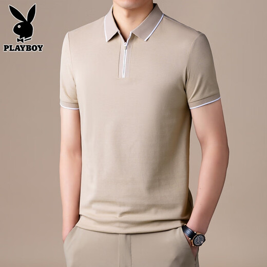 花花公子（PLAYBOY）高端半拉链Polo衫男士短袖t恤夏季新款宽松冰丝半袖上衣服男T舒适 FYMB9276草绿色 L 【111-120斤】