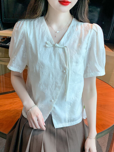 拉夏贝尔（La Chapelle）新中式国风盘扣上衣女士衬衫2025新款别致漂亮小衫夏季短袖雪纺衫 杏色 S [80-95斤]
