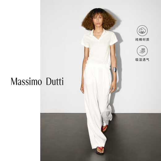 Massimo Dutti neues Saison-Sonderangebot 2025 Frauenkleidung Urban einfacher Pendlerstil hautfreundlicher purer Baumwollkurzärmel-Polo-Hemd 06805109 Off-White XS (CN 165/84A)