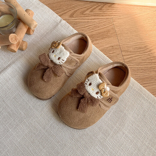 Girls' Birkenstock Shoes 2025 Autumn and Winter New Children's Shoes for Small and Medium-sized Children and Baby Small Leather Shoes Retro Soft Soled Bean Shoes Khaki Color Size 28 Inner Length Approximately 17.2CM
