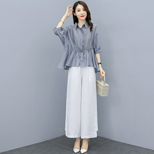 恒源祥休闲天丝套装女2025年夏装新款时尚女装显瘦坠感阔腿裤棉麻两件套 咖衣+白（亚麻）裤 M (适合96-125斤)