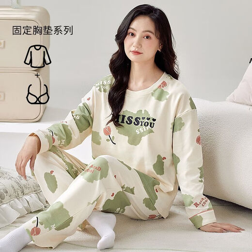 芬腾带胸垫秋季长袖睡衣女甜美薄款可外穿两件套妈妈休闲可爱家居服春 YP1047带胸垫长套 M 码【体重80-95】