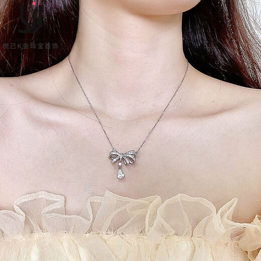 PT950 platinum full diamond bow moissanite necklace light luxury niche design imitation diamond temperament water drop necklace D-E/extreme white 1 carat LC/mirror flawless 40+5cm