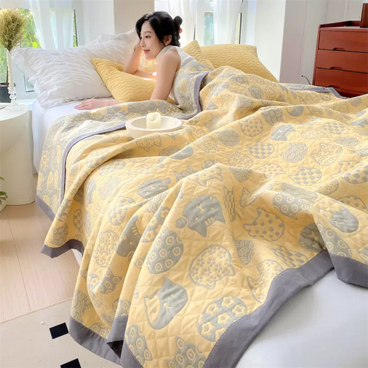 Yusenyi Class A cotton three-layer yarn multi-functional blanket quilt pure cotton summer quilt blanket air-conditioning quilt summer cooling quilt Cotton Lanhuayang Yellow Class A cotton three-layer yarn multi-functional blanket quilt 180x220cm single large quilt