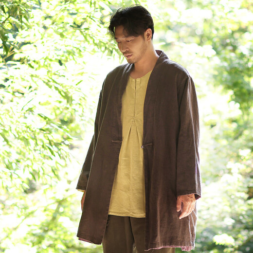 Nan Chinese style men's autumn windbreaker ramie Chinese handmade buckle top large size men's casual jacket Hedi 17# dark blue L