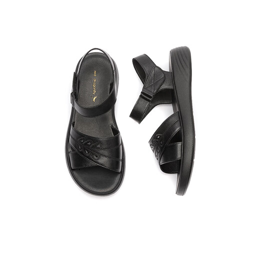 红蜻蜓妈妈凉鞋2025夏季老年牛皮舒适防滑软底女凉鞋WJK25885 黑色 36