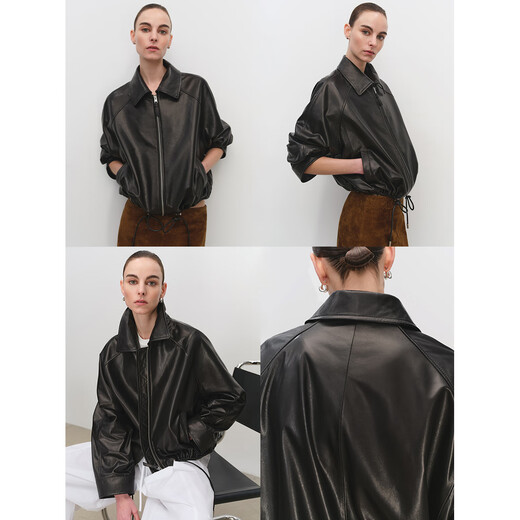 MSBEAST Miss Beast imported double version sheepskin Lo*we style lapel drawstring short leather jacket丨balloon jacket classic black M