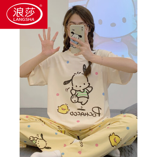 
LangSha (LangSha) junior high school girl pajamas 2025 summer thin short-sleeved trousers pure cotton cute big child 13-year-old girl 15 comfortable 6626-Chicken Pacha-HZM-Short-sleeved trousers-XL women's height 162-168, weight 99-120Jin[Jin equals 0.5 kg]