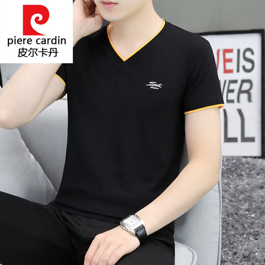 Pierre Cardin трикотажная летняя мужская футболка с короткими рукавами с v-образным вырезом, двухслойный контрастный популярный молодежный топ, простая универсальная рубашка, однотонная, спортивная, белая Q691 M, вес 90-100