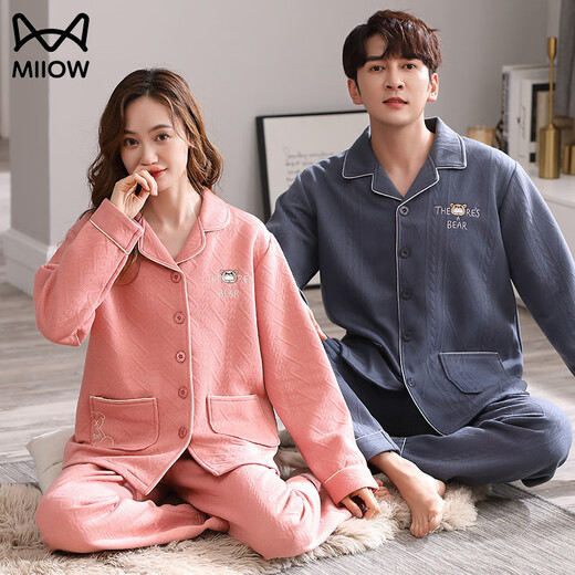 Cat Man (MiiOW) Autumn and Winter Sandwich Couple Pajamas Women Wedding Newlywed Red Large Size Lapel Air Cotton Thin Quilted Home Clothes Men CY Male 3415 Female 2315 3XL Male