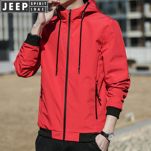 JEEP SPIRIT连帽薄款夹克205春秋青年短款外套纯色休闲上衣 K12131黑色 M 【建议100-110斤】