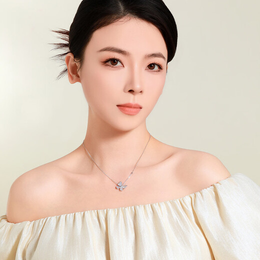 梦金园蝴蝶纯银项链女毛衣链锁骨链小众设计白贝壳首饰送女友七夕节礼物 小闪蝶