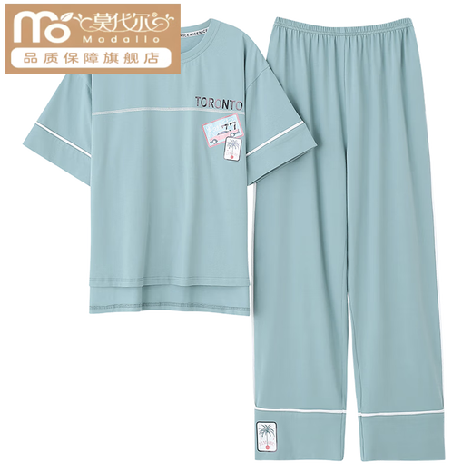 莫代尔睡衣女夏季棉质2025年新款短袖长裤家居服套装可外穿薄款棉质套装 7374豆绿 M 80-100斤