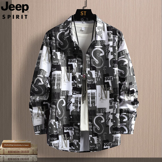 JEEP SPIRIT吉普夏季男装冰丝长袖衬衣潮流宽松款垂坠花衬衫外套寸 6169绿色 M 90-110斤