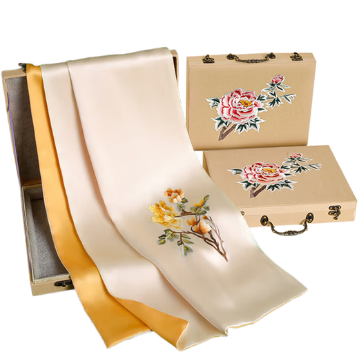 Hangzhou Silk Road Su-embroidered silk scarf silk women spring and summer mulberry silk scarf shawl mother birthday gift Mother's day peony golden
