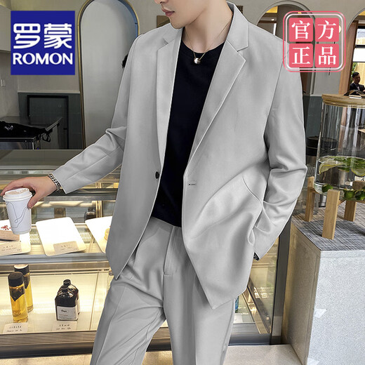 Romon (Romon) Traje casual guapo para hombres en primavera y otoño, estilo ligero y maduro, chaqueta de traje cayendo y versátil para hombres, traje de alta gama de Internet Celebridades de alta gama + pantalones de nueve puntos (set de 2 piezas) (90-jin [Jin equivale a 0.5 kg])
