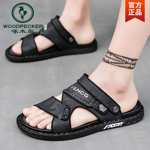 Spechts Sandalen Herren 2025 Neue Sommer im Freien Dual-Use Non-Rutsch-Strandschuhe Leder Leder-Sandalen Pantoffeln Männer schwarz 39