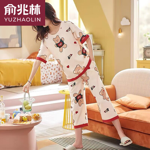 Yu Zhaolin (Yuzhaolin) Pyjamas für Frauen im Sommer im Sommer reine Baumwolle kurzärmelige Hosen, die bequem und atmungsaktiv sind, um auf der äußeren koreanischen Art Cute Home Clothes Thin Style Cropped Hosen zu tragen: 677 Buntes Enten-Frauen-XXXL-Größe [135-155jin [Jin Equals 0,5 kg]]]