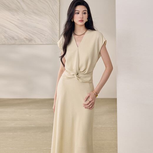 ROEYSHOUSE roe style design sense hemp kink set 2025 summer new pleated top skirt two-piece set 12392 light yellow S