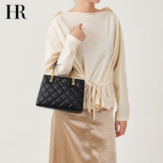 
HR Helena Bag Women's Bag Simple Fashionable Handbag Women's Head-Layer Cowhide Diamond Single-Shoulder Crossbody Bag Chinese Valentine's Gift Black + Gift Box Packaging