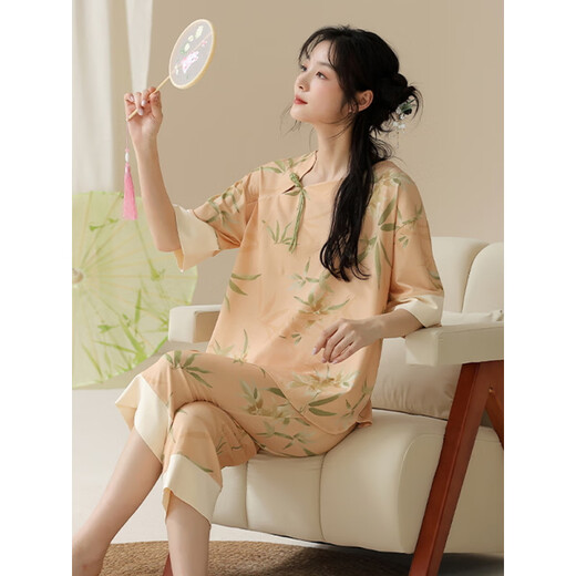 Hehui Summer Damen-Kurzärmler-Pyjama-Pyjama-Set Cotton New Chinese Style Thin Home Clothing Sie können geschnittene Hosen für den Sommer tragen LZY9901 M (vorgeschlagen 75-95jin [Jin gleich 0,5 kg])