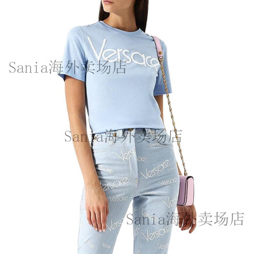 范思哲（VERSACE）Logo刺绣时尚短袖常规T恤女款蓝色 M